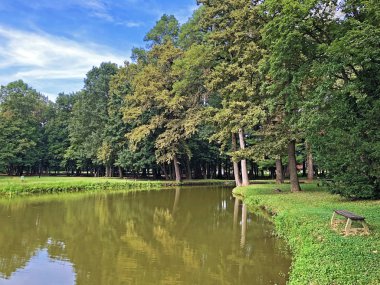 Pejacevic kale veya Umjetno jezero (ribnjak) u perivoju dvorca Pejaceviç parkında yapay göl (gölet) - Nasice, Hırvatistan