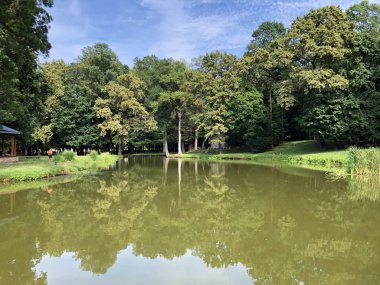 Pejacevic kale veya Umjetno jezero (ribnjak) u perivoju dvorca Pejaceviç parkında yapay göl (gölet) - Nasice, Hırvatistan