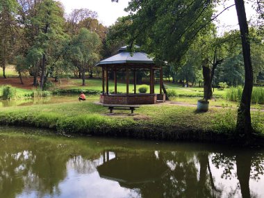 Pejacevic kale veya Umjetno jezero (ribnjak) u perivoju dvorca Pejaceviç parkında yapay göl (gölet) - Nasice, Hırvatistan
