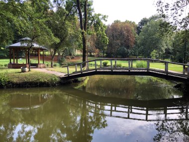 Pejacevic kale veya Umjetno jezero (ribnjak) u perivoju dvorca Pejaceviç parkında yapay göl (gölet) - Nasice, Hırvatistan