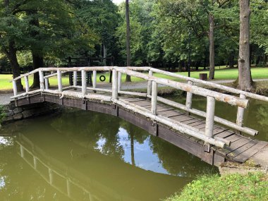 Pejacevic kale veya Umjetno jezero (ribnjak) u perivoju dvorca Pejaceviç parkında yapay göl (gölet) - Nasice, Hırvatistan