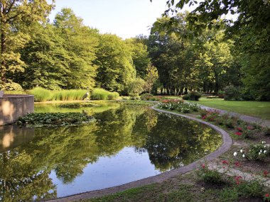 Spa bahçe Julijes park veya Umjetno jezerce sa statuom zdrala u Julijevom parku vinç kuş heykeli ile küçük gölet - Daruvar, Hırvatistan