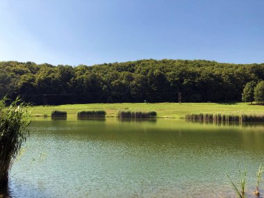 Küçük rezervuar gölü Ljeskove vode veya eğlence Ljeskovac - Akumulacijsko jezero, ribnjak i izletiste Ljeskove vode, Kordusevci - Slavonski Brod, Hırvatistan