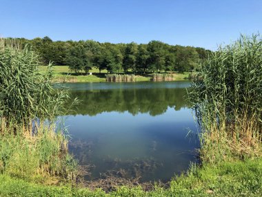 Küçük rezervuar gölü Ljeskove vode veya eğlence Ljeskovac - Akumulacijsko jezero, ribnjak i izletiste Ljeskove vode, Kordusevci - Slavonski Brod, Hırvatistan