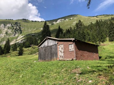 Oberseetal dağ vadisinde ve Glarnerland turistik bölgesinde Vorder Ahornenin Alp köyü, Nafels (Naefels) - Glarus Kton, İsviçre
