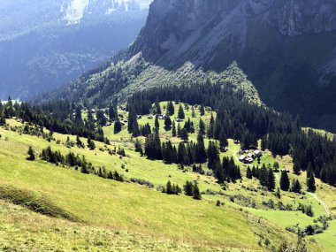 Oberseetal dağ vadisinde ve Glarnerland turistik bölgesinde Vorder Ahornenin Alp köyü, Nafels (Naefels) - Glarus Kton, İsviçre