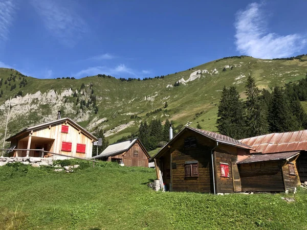 Alpesi Falu Vorder Ahornenin Egy Oberseetal Hegyi Völgyben Glarnerland Turisztikai — Stock Fotó