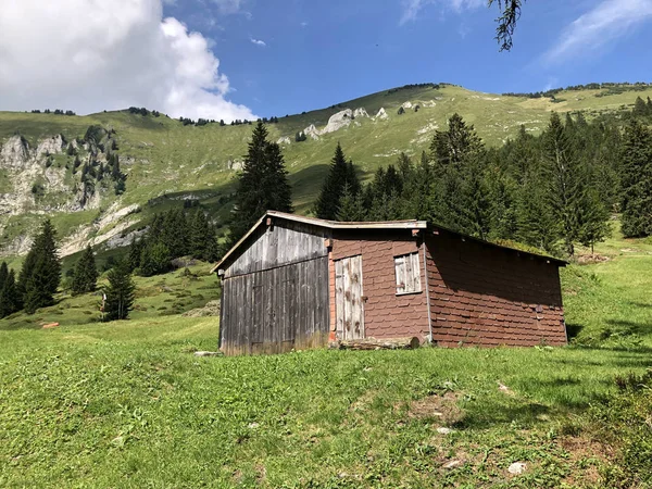 Alpská Vesnička Vorder Ahornenin Horském Údolí Oberseální Pohoří Glarnerland Turistické — Stock fotografie