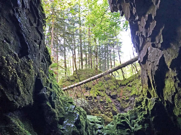 Grotte Source Hundsloch Hundslochquelle Près Lac Alpin Wagitalersee Waegitalersee Innerthal — Photo