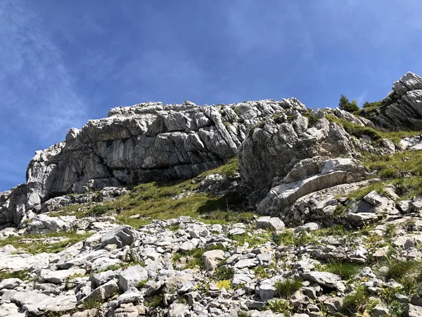 Góry Rund Chopf Nad Doliną Wagital Waegital Alpine Lake Wagitalersee — Zdjęcie stockowe