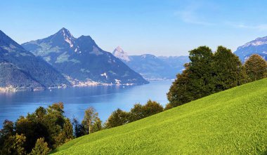 Buochserhorn dağı, Buochs - Nidwalden Kanton arka planda Lucerne Gölü veya Vierwaldstaetersee gölü (Vierwaldstattersee) ve İsviçre Alpleri görünümü, İsviçre