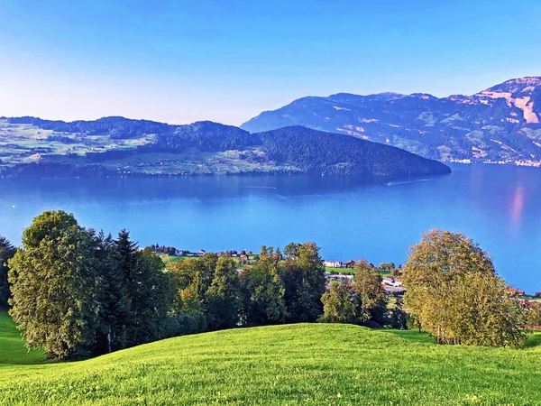 Luzerni Vagy Vierwaldstaetersee Vierwaldstattersee Svájci Alpokban Buochserhorn Hegy Hátterében Buochs — Stock Fotó