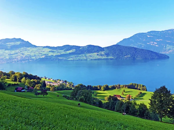 Luzerni Vagy Vierwaldstaetersee Vierwaldstattersee Svájci Alpokban Buochserhorn Hegy Hátterében Buochs — Stock Fotó