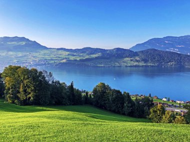 Buochs yerleşiminde Lucerne Gölü veya Vierwaldstaetersee Gölü (Vierwaldstattersee) görünümü - Nidwalden Kantonu, İsviçre
