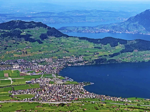 Buochs Település Luzerni Vierwaldstaetersee Partján Vierwaldstattersee Buochserhorn Hegy Alatt Nidwalden — Stock Fotó