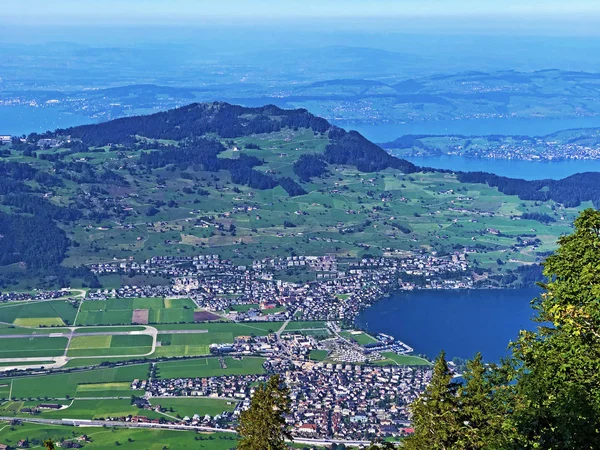 Buochs Settlement Shores Lake Lucerne Vierwaldstaetersee Lake Vierwaldstattersee Buochserhorn Mountain — Stock Photo, Image