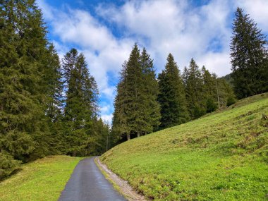 Pilatus 'un yamaçlarında ve dağın eteğindeki dağlık vadilerde yürüyüş, yürüyüş, spor ve dinlenme yolları, Alpnach - Obwalden Kantonu, İsviçre (Schweiz)
