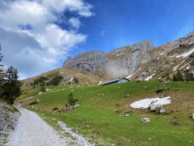 Pilatus 'un yamaçlarında ve dağın eteğindeki dağlık vadilerde yürüyüş, yürüyüş, spor ve dinlenme yolları, Alpnach - Obwalden Kantonu, İsviçre (Schweiz)