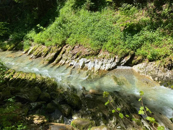 Ποταμός Thur Στο Χωριό Nesslau Krummenau Στον Οικισμό Unterwasser Και — Φωτογραφία Αρχείου