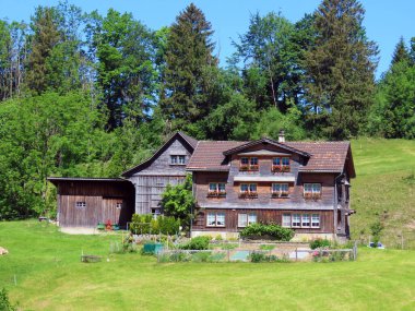 Geleneksel kırsal mimari ve aile çiftlik hayvanları Alpstein dağ kütlesinin yamaçlarında ve Obertoggenburg bölgesinde, Unterwasser - İsviçre 'nin St. Gallen Kantonu (Schweiz)