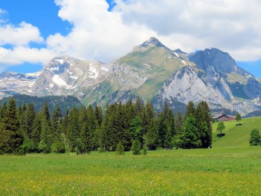 Appenzell Alpleri 'ndeki Alpstein dağlarının manzarası Thur Nehri vadisi ve Obertoggenburg bölgesinden, Unterwasseer - St. Gallen Kantonu, İsviçre (Kanton St. Gallen, Schweiz)