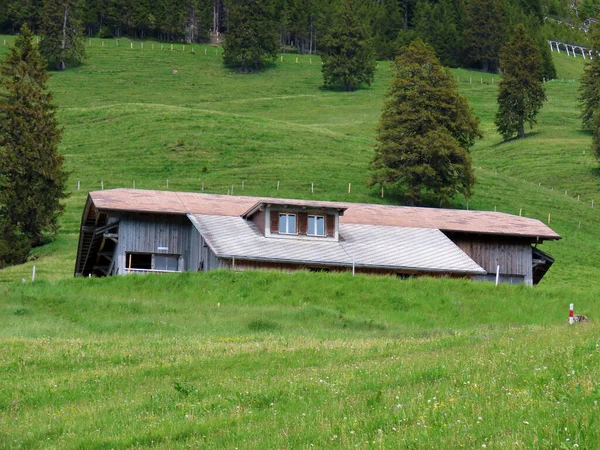 Tradycyjna Architektura Wiejska Rodzinne Gospodarstwa Hodowlane Zboczach Masywu Górskiego Pilatus — Zdjęcie stockowe