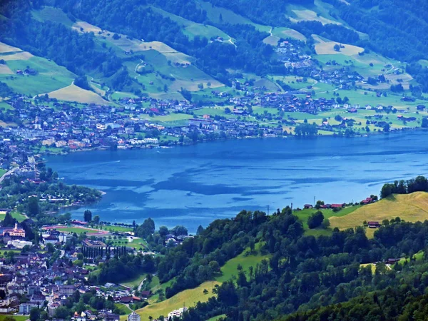 Widok Jezioro Sarnersee Pasma Górskiego Pilatus Alpach Emmentalnych Alpnach Kanton — Zdjęcie stockowe