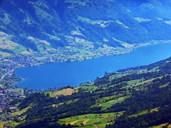 Vista Lago Sarnersee Cordilheira Pilatus Nos Alpes Emmental Alpnach Cantão — Fotografia de Stock