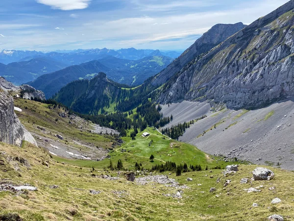 Pastagens Prados Alpinos Nas Encostas Maciço Pilatus Nos Vales Alpinos — Fotografia de Stock