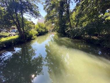 Glatt Nehri boyunca uzanan küçük göller veya göletler boyunca ağaçlarla kaplı bir yaz manzarası - Zuerich veya Zürih, İsviçre (Schweiz)