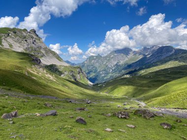 Uri Alp Dağları 'nın yamaçlarında Alp çayırları ve çayırları, Melchtal - Obwald Kantonu, İsviçre (Kanton Obwalden, Schweiz)