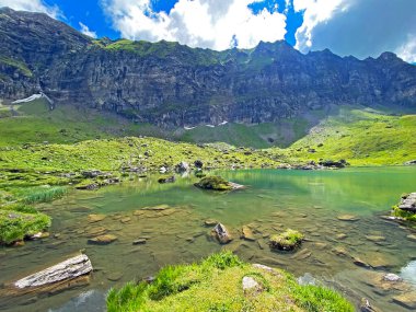 Alp Dağları 'ndaki Blausee ya da Blue Lake (Uri Alp Dağları' ndaki Blausee), İsviçre 'nin Obwald Kantonu (Kanton Obwalden, Schweiz)
