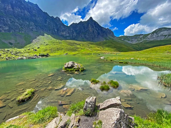 瑞士奥瓦尔德州Melchtal山区Uri Alps地块的高山湖Blausee或蓝湖 Kanton Obwalden Schweiz — 图库照片