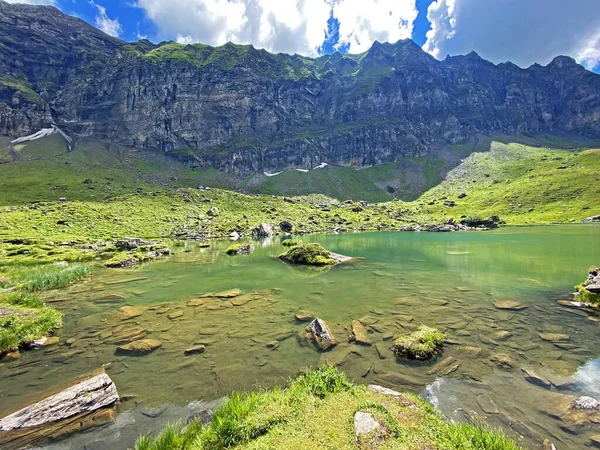 瑞士奥瓦尔德州Melchtal山区Uri Alps地块的高山湖Blausee或蓝湖 Kanton Obwalden Schweiz — 图库照片