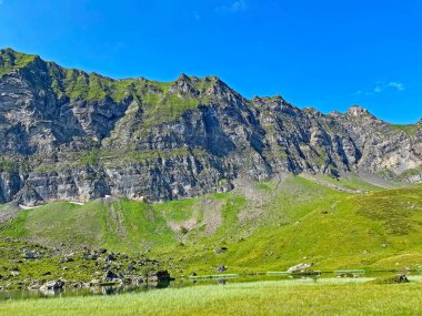 Melchsee Gölü veya Melch Gölü 'nün yukarısındaki Fulenberg Tepesi ve Uri Alpleri dağ kütlesi Melchtal Kantonu, İsviçre (Kanton Obwalden, Schweiz)
