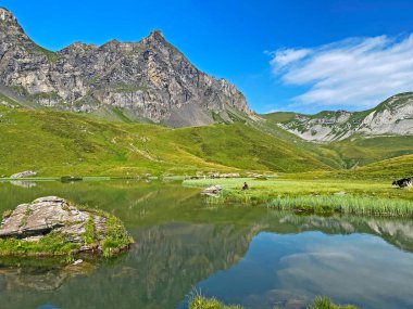 Alp Gölü Blausee veya Mavi Göl Melch Vadisi 'nin yukarısında ve Uri Alp Dağları' nda, Melchtal Kantonu, İsviçre (Kanton Obwalden, Schweiz)