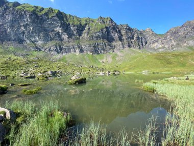 Alp Gölü Blausee veya Mavi Göl Melch Vadisi 'nin yukarısında ve Uri Alp Dağları' nda, Melchtal Kantonu, İsviçre (Kanton Obwalden, Schweiz)