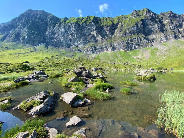 Alp Gölü Blausee veya Mavi Göl Melch Vadisi 'nin yukarısında ve Uri Alp Dağları' nda, Melchtal Kantonu, İsviçre (Kanton Obwalden, Schweiz)