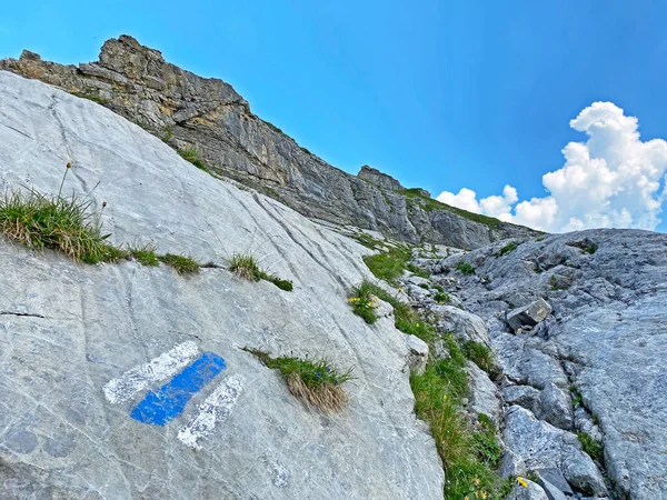 Bergsport Wegwijzers Markeringen Hellingen Van Het Melchtal Alpendal Het Uri — Stockfoto