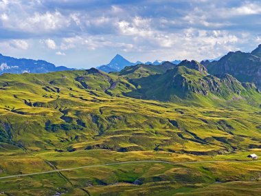 Uri Alp Dağları 'nın yamaçlarında Alp çayırları ve çayırları, Melchtal - Obwald Kantonu, İsviçre (Kanton Obwalden, Schweiz)