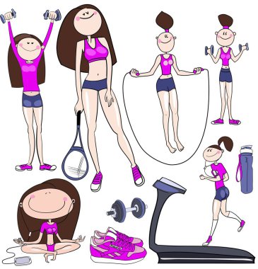 Koşu, tenis, yoga, meditasyon, halterli egzersizler, spor salonu reklamı için renkli çizimler, vektör olarak sağlıklı yaşam tarzı.