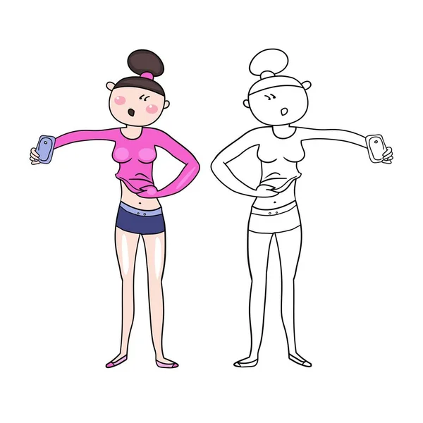 Δύο Σχέδια Διάνυσμα Χρώμα Και Περίγραμμα Ένα Κορίτσι Στο Γυμναστήριο — Διανυσματικό Αρχείο