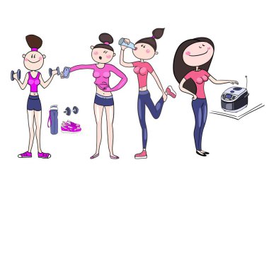 Bir dizi çizim vektör, jogging, spor salonunda bir ayna önünde modern bir kız, mutfak, farklı yaşam durumlarda görüntülerini