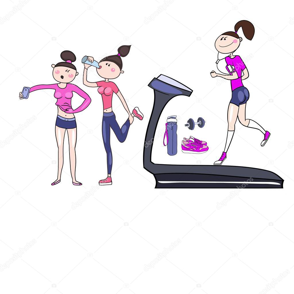 Set of color patterns in a vector, images of beautiful girls, in sports clothes, training in a gym
