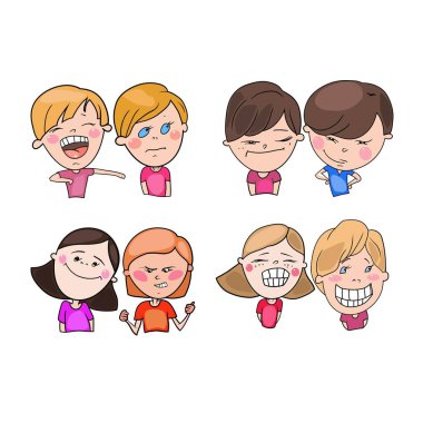 Okul çağındaki çocuklar, farklı ruh halleri ile çizimler vektör kümesi