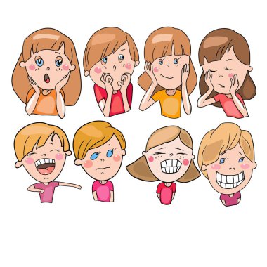 Vektör çizimleri, çizgi film karakterleri, duygular, erkek ve kız karakter kümesi