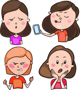 Vektör, çocuklar, gençler, öğrenciler, bir karikatür tarzı, farklı görüntüler ve farklı ruh halleri ve duyguları ile görüntülerini içeren küme renkli çizimler