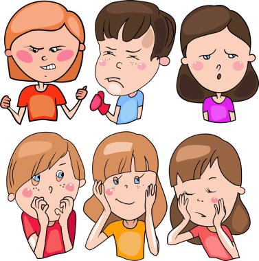 Vektör, çocuklar, gençler, öğrenciler, bir karikatür tarzı, farklı görüntüler ve farklı ruh halleri ve duyguları ile görüntülerini içeren küme renkli çizimler