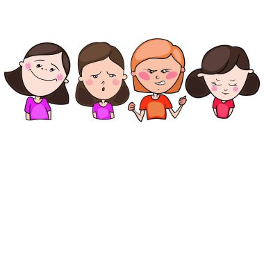 Vektör, çocuklar, gençler, öğrenciler, bir karikatür tarzı, farklı görüntüler ve farklı ruh halleri ve duyguları ile görüntülerini içeren küme renkli çizimler