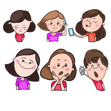 Vektör, çocuklar, gençler, öğrenciler, bir karikatür tarzı, farklı görüntüler ve farklı ruh halleri ve duyguları ile görüntülerini içeren küme renkli çizimler
